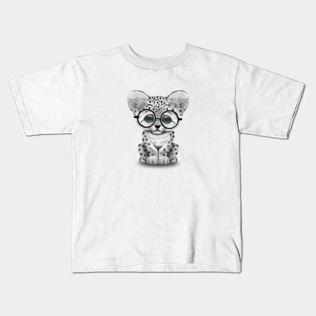 Cute Snow Leopard Cub Wearing Glasses Kids T-Shirt by jeffbartels